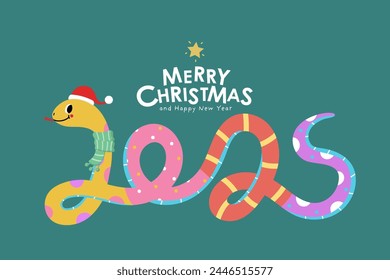 Merry Christmas and happy new year 2025 with cute snake in xmas hat. Animal holidays cartoon character. -Vector