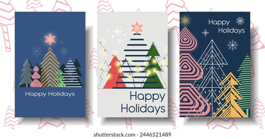 Feliz Navidad y Feliz Año Nuevo tarjeta de felicitación Set, tipografía de diseño moderno invitan a los carteles, Plantilla, diseño. Días festivos árbol de Navidad diseño plano de saludo, Anuncio