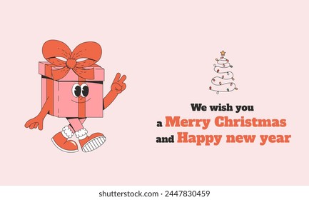 Merry Christmas and Happy New year banner and card. Playful and cheeky characters in trendy groovy style. Retro cartoon elements and shapes. Vector illustration