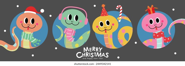 Merry Christmas and happy new year 2025 with cute snake in xmas hat. Animal holidays cartoon character. -Vector