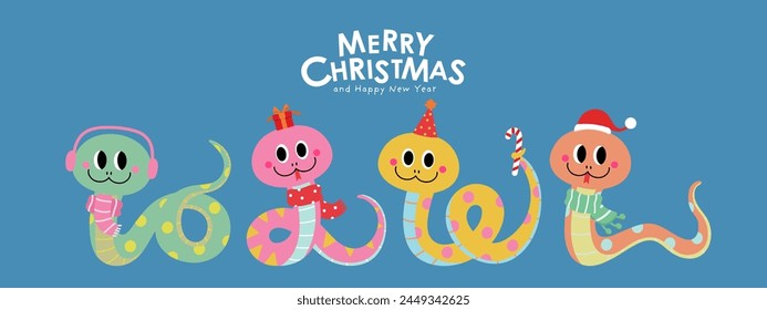 Merry Christmas and happy new year 2025 with cute snake in xmas hat. Animal holidays cartoon character. -Vector