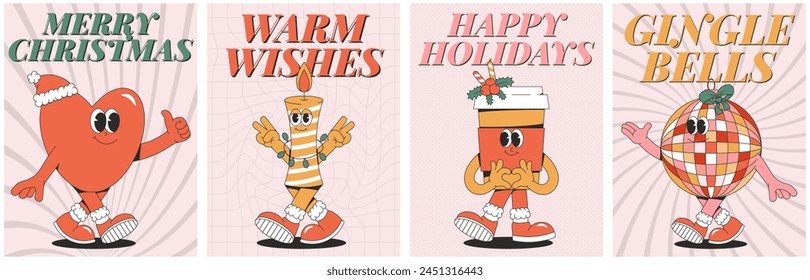 Merry Christmas and Happy New year poster set. Playful and cheeky characters in trendy groovy style. Retro cartoon elements and shapes. Vector illustration