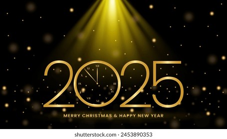 Merry Christmas and Happy New Year 2025 clock countdown background with gold glitter shining in light and sparkles abstract celebration.