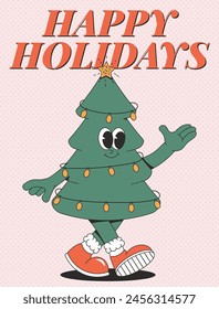 Merry Christmas and Happy New year poster. Playful and cheeky character in trendy groovy style. Retro cartoon elements and shape. Vector illustration