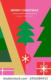 Merry Christmas  and Happy new year  card in modern minimalistic style with geometric shapes. Trendy editable vector template for greeting card, poster, banner, invitation, social media post.	