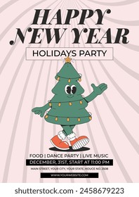 Merry Christmas and Happy New year party invitation. Playful and cheeky character in trendy groovy style. Retro cartoon elements and shapes. Vector illustration