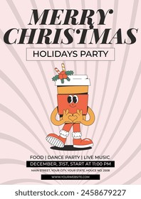 Merry Christmas and Happy New year party invitation. Playful and cheeky character in trendy groovy style. Retro cartoon elements and shapes. Vector illustration