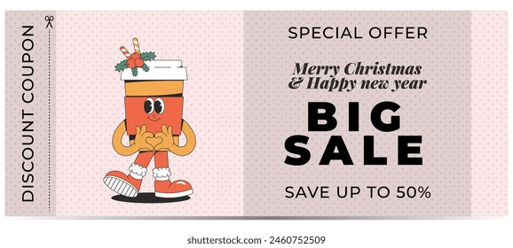 Merry Christmas and Happy New year big sale discount coupon. Playful and cheeky character in trendy groovy style. Retro cartoon elements and shapes. Vector illustration