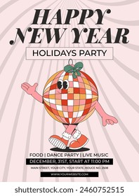 Merry Christmas and Happy New year party invitation. Playful and cheeky character in trendy groovy style. Retro cartoon elements and shapes. Vector illustration