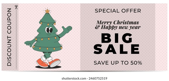 Merry Christmas and Happy New year big sale discount coupon. Playful and cheeky character in trendy groovy style. Retro cartoon elements and shapes. Vector illustration