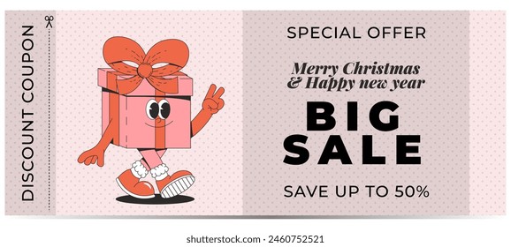 Merry Christmas and Happy New year big sale discount coupon. Playful and cheeky character in trendy groovy style. Retro cartoon elements and shapes. Vector illustration