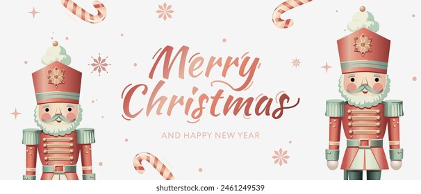 Merry Christmas and Happy New Year web banner with nutcracker, candy stick and snowflake. Horizontal poster, greeting card, header, website, vector illustration