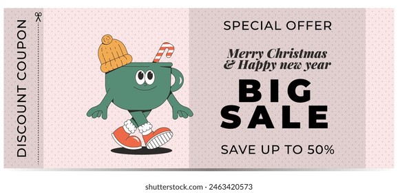 Merry Christmas and Happy New year big sale discount coupon. Playful and cheeky character in trendy groovy style. Retro cartoon elements and shapes. Vector illustration