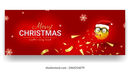 Merry Christmas and Happy New Year banner, emoji celebrating christmas with confetti