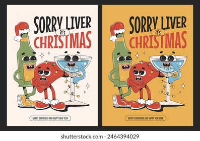 Merry Christmas and Happy New year cards in retro groovy style. Sad liver, beer and cocktail cartoon characters.