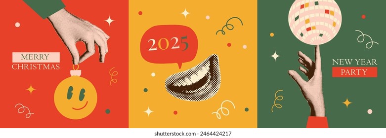 Feliz Navidad y Feliz Año Nuevo conjunto de tarjetas de felicitación vintage. Manos humanas sosteniendo la decoración de la bola de Navidad y discoball. Coloridas ilustraciones de estilo collage de semitonos. Diseño de Vector para póster, Anuncio