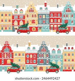 Merry Christmas and Happy New Year greeting card, illustration with Christmas tree, winter town, can used like seamless pattern.