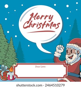 Merry Christmas and Happy New Year greeting card Retro Cartoon Vector Illustration with Cute Santa Claus Baloon Text Winter Pine Tree