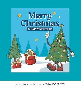 Merry Christmas and Happy New Year Sticker Cute Cheerful Pine Tree in Trendy Groovy Retro Cartoon Style Illustration Vector