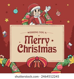 Merry Christmas and Happy New Year greeting card Retro Cartoon Vector Illustration with Beautiful Santa Claus Star Red Ribbon