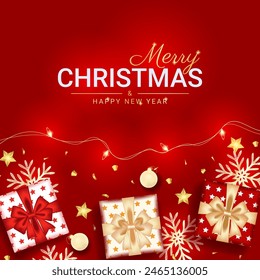 Merry christmas and happy new year greeting card with realistic red decoration