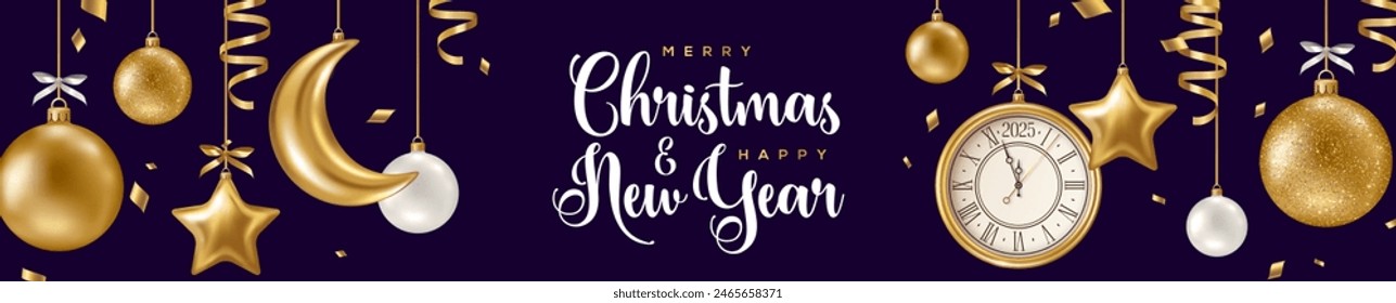 Merry Christmas and Happy New Year 2025 Banner with Hanging Golden Baubles. Glitter Background with Confetti, Gold Moon and Stars. Vector illustration. Glowing Invitation Template Frame