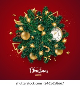 Merry Christmas Happy New Year 2025 Poster. Xmas Fir Tree Branches, Golden Baubles, Moon, Clock on Red Background. Vector illustration. Pattern holiday frame template design, promo banner, flyer