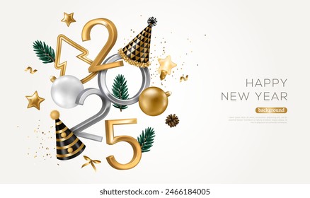 Merry Christmas Happy New Year 2025 Poster. Xmas Fir Tree Branches, Golden Baubles, Party Hat, White Background. Vector illustration. Winter holiday template design, poster, flyer, voucher