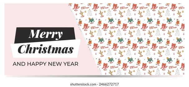 Merry Christmas and Happy New year greeting card template. Playful and cheeky characters in trendy groovy style. Vector illustration