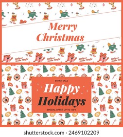 Merry Christmas and Happy New year greeting card template. Playful and cheeky characters in trendy groovy style. Vector illustration set