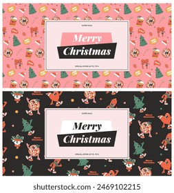 Merry Christmas and Happy New year greeting card template. Playful and cheeky characters in trendy groovy style. Vector illustration set
