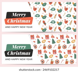 Merry Christmas and Happy New year greeting card template. Playful and cheeky characters in trendy groovy style. Vector illustration set