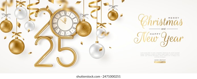 Merry Christmas and Happy New Year banner with hanging gold and white 3d baubles, confetti and 2025 numbers. Vector illustration. Winter holiday decorations, golden vintage clock. Place for text