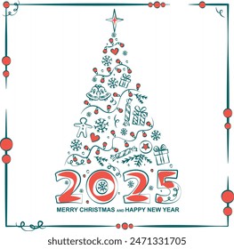 Merry Christmas and Happy new year. Gift card, vector elements. New year 2025