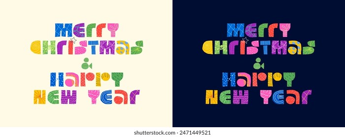 Merry Christmas Happy New Year winter holiday inscription abstract decorative text concept. Modern colorful graphic shapes letters. Positive festive event creative logo. Celebration eve artistic card