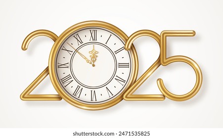 Merry Christmas and Happy New Year banner 2025 gold numbers. Vector illustration. Winter holiday decoration, golden vintage clock logo. Place for text. Xmas card poster, flyer
