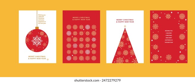 Merry Christmas and Happy New Year Set of greeting cards, posters, holiday covers. Xmas Design with beautiful snowflakes in modern line art style on red background. Christmas tree, border frame, decor