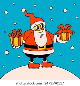 Merry Christmas and Happy New year trendy retro cartoon card. Groovy hippie Christmas Santa Claus with gifts. Vector Cartoon characters and elements.