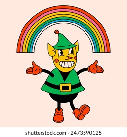 Merry Christmas and Happy New year trendy retro cartoon characters. Groovy hippie Christmas Santas elf with rainbow. Vector Cartoon characters and elements.