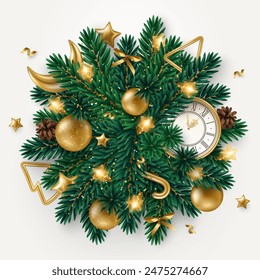 Merry Christmas Happy New Year 2025 Poster. Xmas Fir Tree Branches, Golden Baubles, Moon, Clock on White Background. Vector illustration. Pattern holiday frame template design, promo banner, flyer