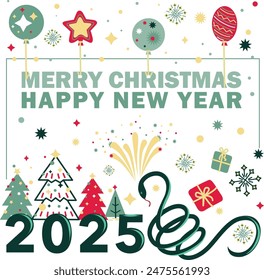 Merry Christmas and Happy new year card. The snake is a symbol of the Chinese New Year