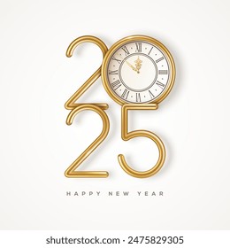 Merry Christmas and Happy New Year banner 2025 gold numbers. Vector illustration. Winter holiday decoration, golden vintage clock logo sign. Place for text. Xmas card poster, flyer