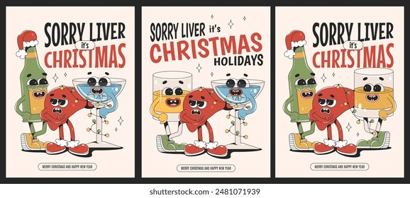 Alegres Navidades y el cartel de Feliz Año Nuevo en estilo retro groovy. Tristes personajes de dibujos animados de hígado, cerveza y cóctel.