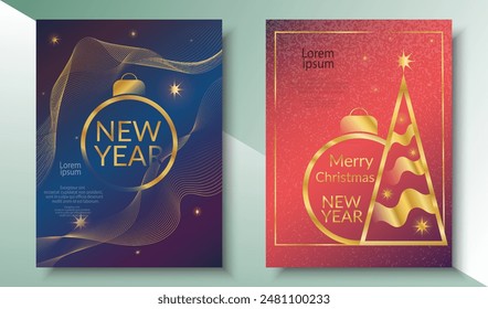 Merry Christmas and Happy New Year 2025 greeting card Set, Modern design typography invite posters, template, Layout. Holidays Golden Christmas tree and ball, snowflake greeting flat design banner