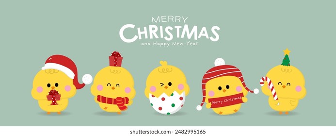 Merry Christmas and happy new year with little cute chick in winter costume. Animals holidays cartoon character. -Vector  