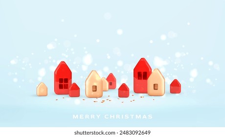 Merry Christmas and happy New Year background. Xmas holiday decor, home decoration. 3d red and golden abstract houses and snow on blue bg. Winter town scene. Cartoon vector illustration