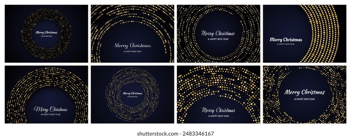 Fröhliche Weihnachtsmusiken und Happy Neu Year Kulissen mit goldenem Glitzermuster in Kreisform. Set aus acht goldglühenden Halbton gepunkteten Hintergründen für Weihnachtsmusiken Feiertagsgrußkarte auf dunklem Hintergrund