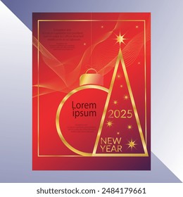 Merry Christmas and Happy New Year 2025 red gold greeting card , Modern design typography invite posters, template, Layout. Holidays Golden Christmas tree and ball design banner