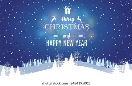 Merry Christmas and Happy New Year design for greeting cards and poster. Christmas with winter landscape with snowflakes. Vector illustration. .