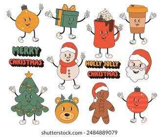 Merry Christmas and Happy New year element collection in retro groovy cartoon style. Santa Claus, cocoa mug, gift, Christmas tree, Holly Jolly Christmas. Sticker set with cute winter holiday elements.